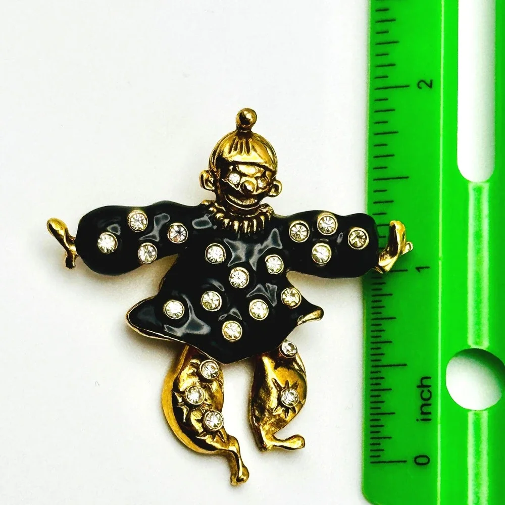 Vintage Black Enamel Articulated Rhinestone Dancing Clown Brooch Pin Whimsical